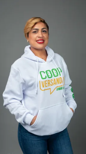 Fotografía de la cohost de Coopversando con la sudadera oficial del podcast